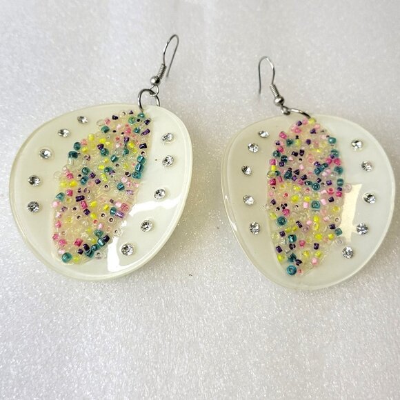 Creamy White Large Earrings with multicolored Beads and Crystal Fashion Stones - Picture 1 of 14